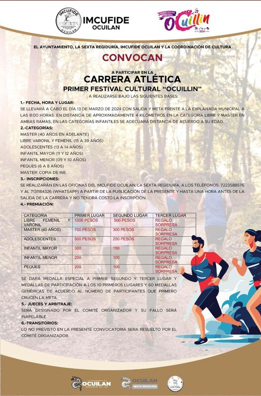 ¡Unete a la Carrera Atletica del Festival Cultural Ocuillin 2024